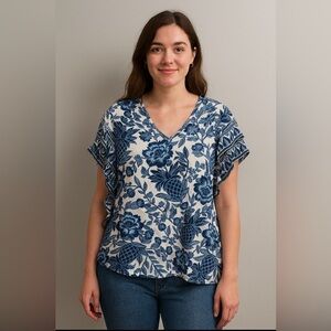 Rachel Zoe VNeck Ruffle Sleeve Blue Pineapple Floral Women's Top NWT 2X